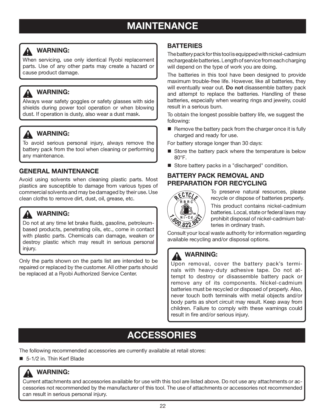 Ryobi P501 manual Accessories, General Maintenance, Batteries, Battery Pack Removal Preparation for Recycling 