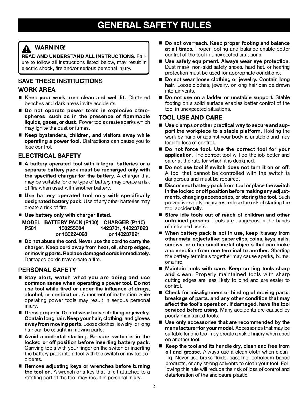 Ryobi P501 manual General Safety Rules, Work Area, Electrical Safety, Personal Safety, Tool USE and Care 