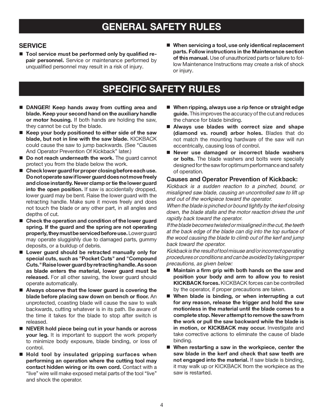 Ryobi P501 manual Specific Safety Rules, Service 