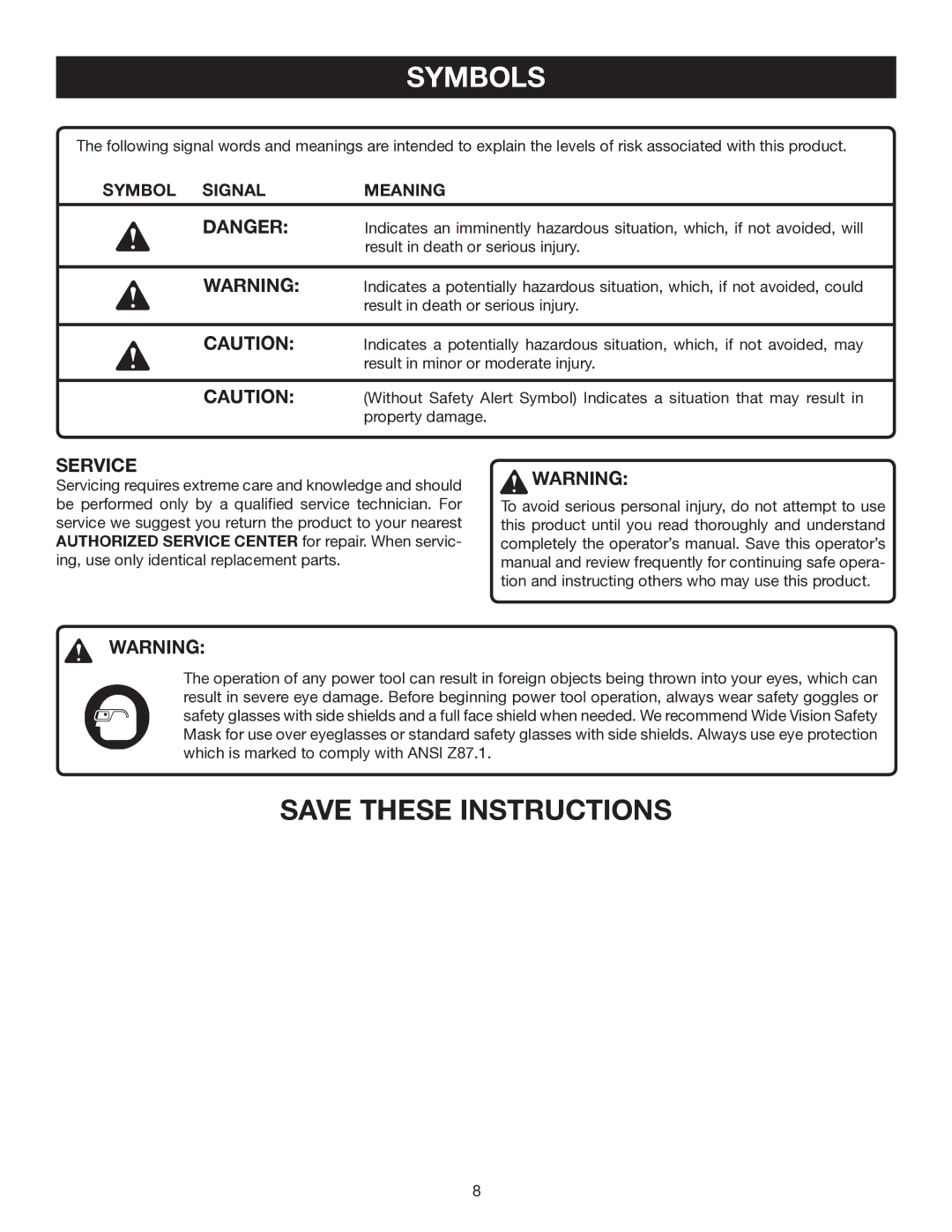 Ryobi P501 manual Symbol Signal Meaning 