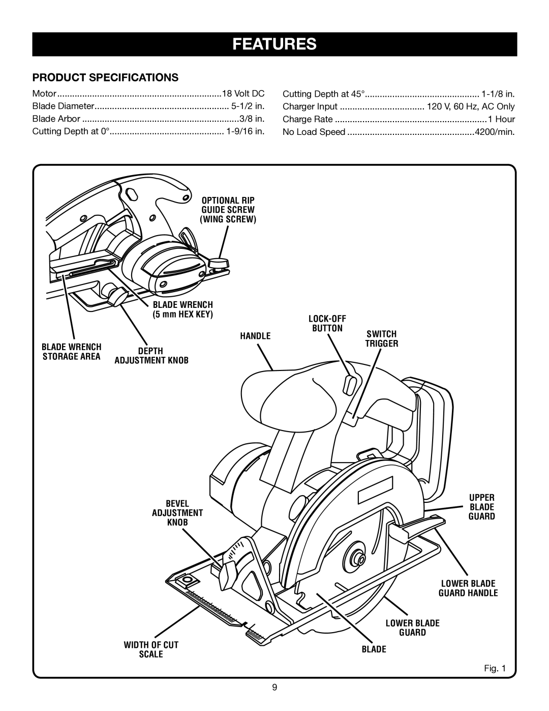 Ryobi P501 manual Features, Product Specifications, Blade Wrench 