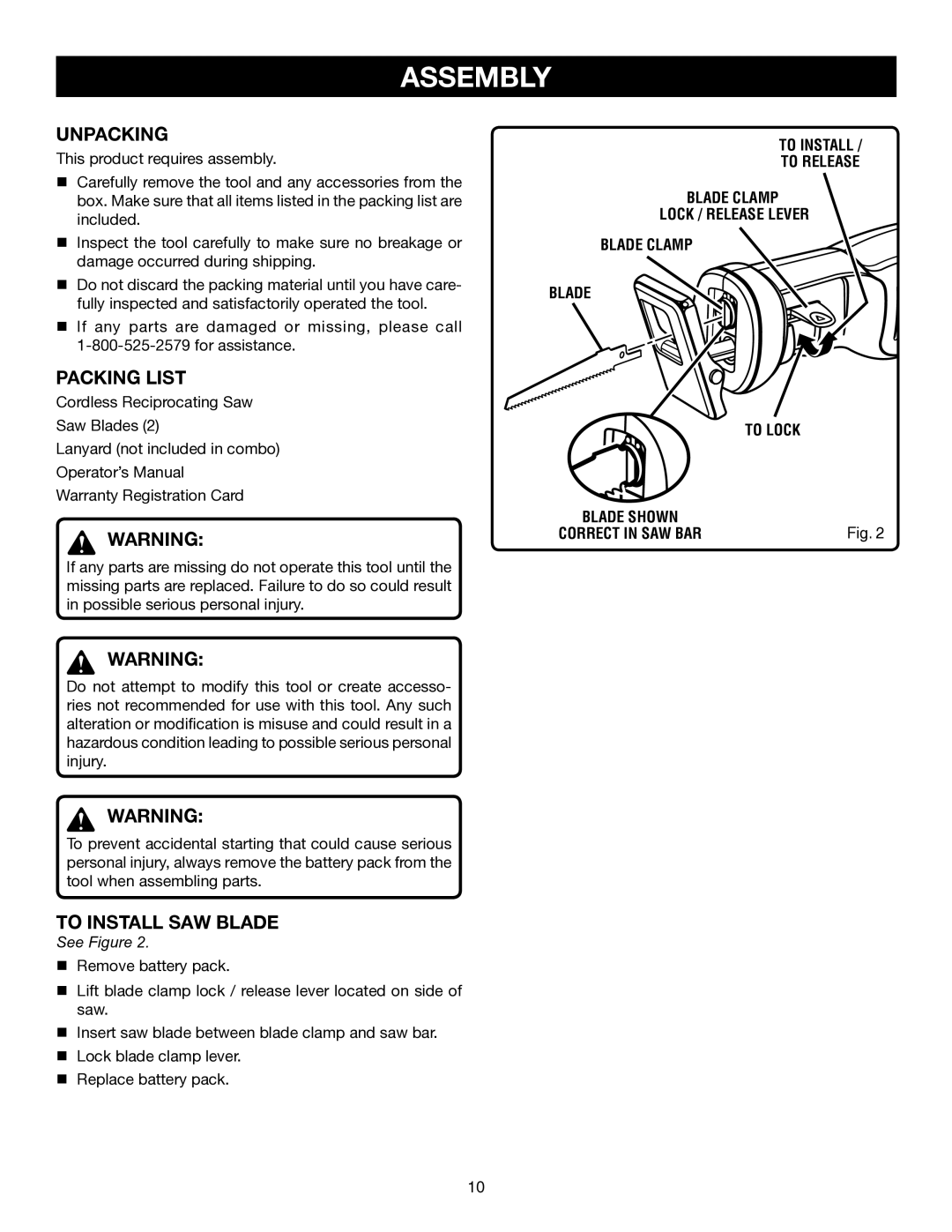 Ryobi P510 manual Assembly, Unpacking, Packing List, To Install SAW Blade 