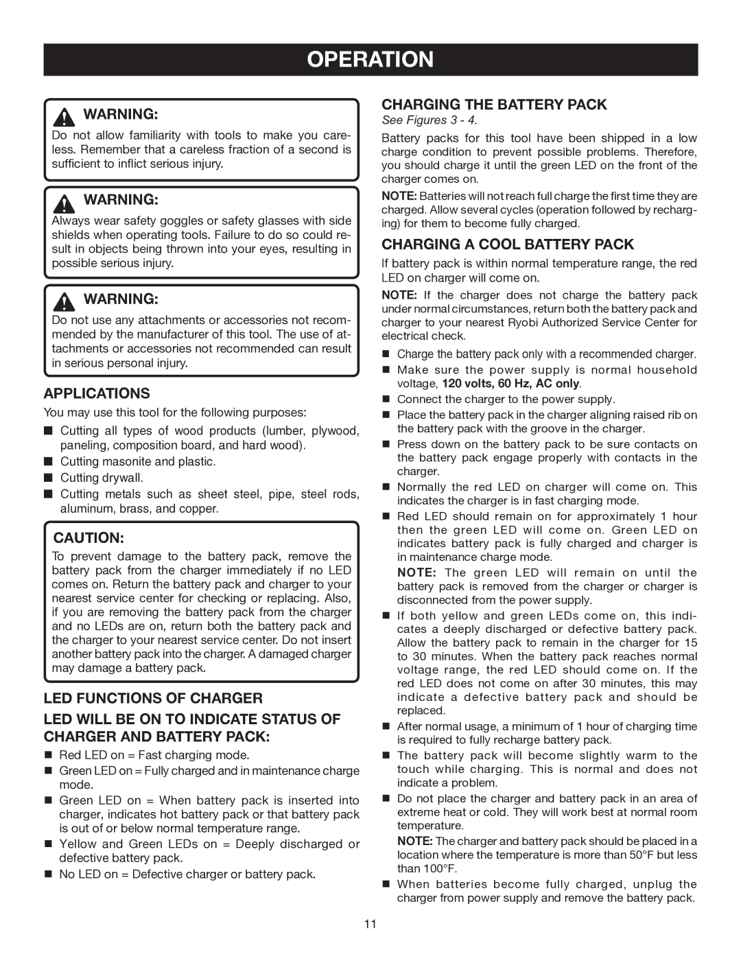 Ryobi P510 manual Operation, Applications, Charging the Battery Pack, Charging a Cool Battery Pack 