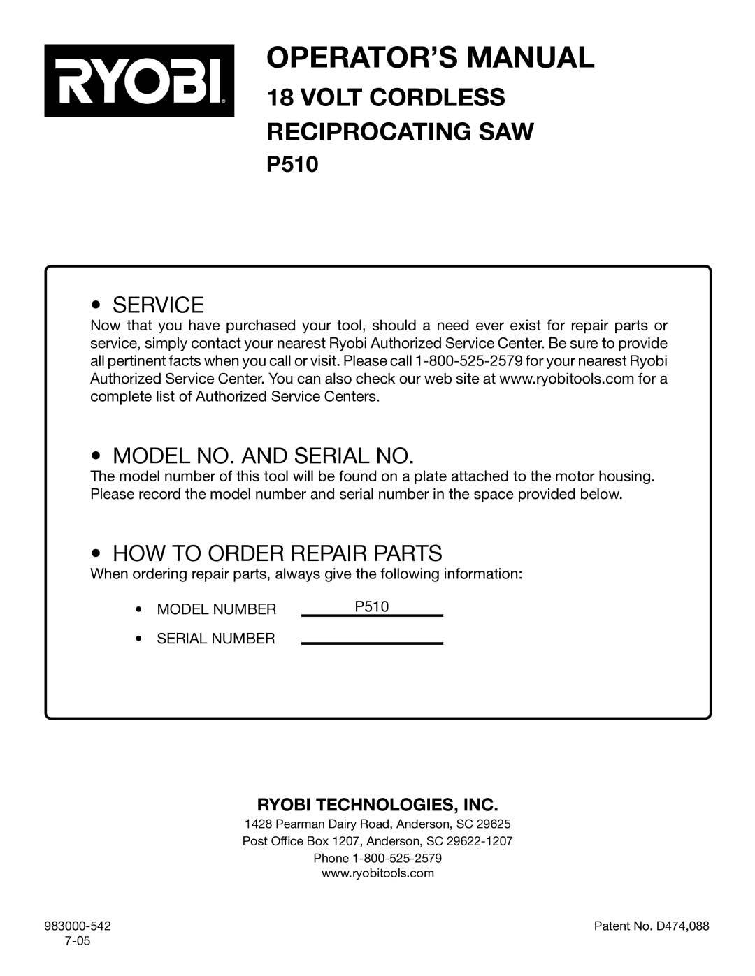 Ryobi P510 manual Service Model NO. and Serial no 