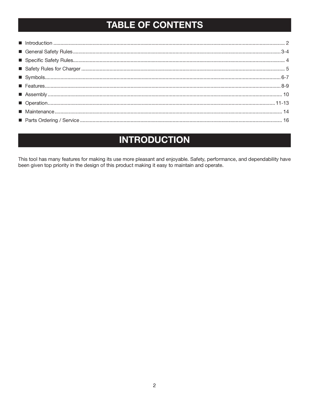 Ryobi P510 manual Introduction, Table of Contents 