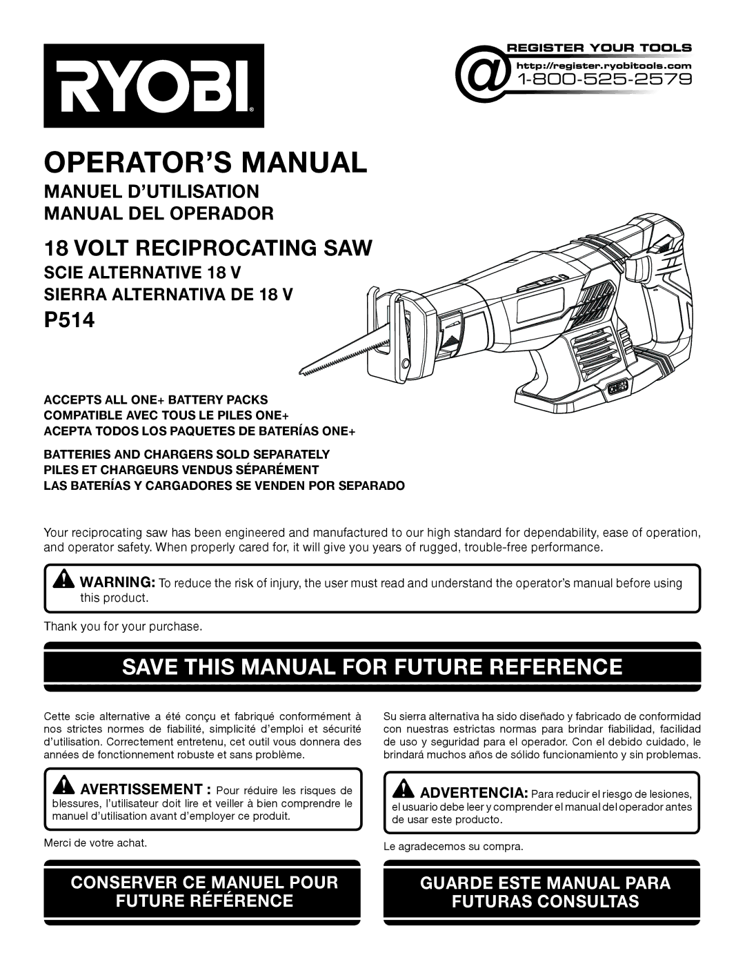 Ryobi P514 manuel dutilisation OPERATOR’S Manual, Save this Manual for Future Reference 