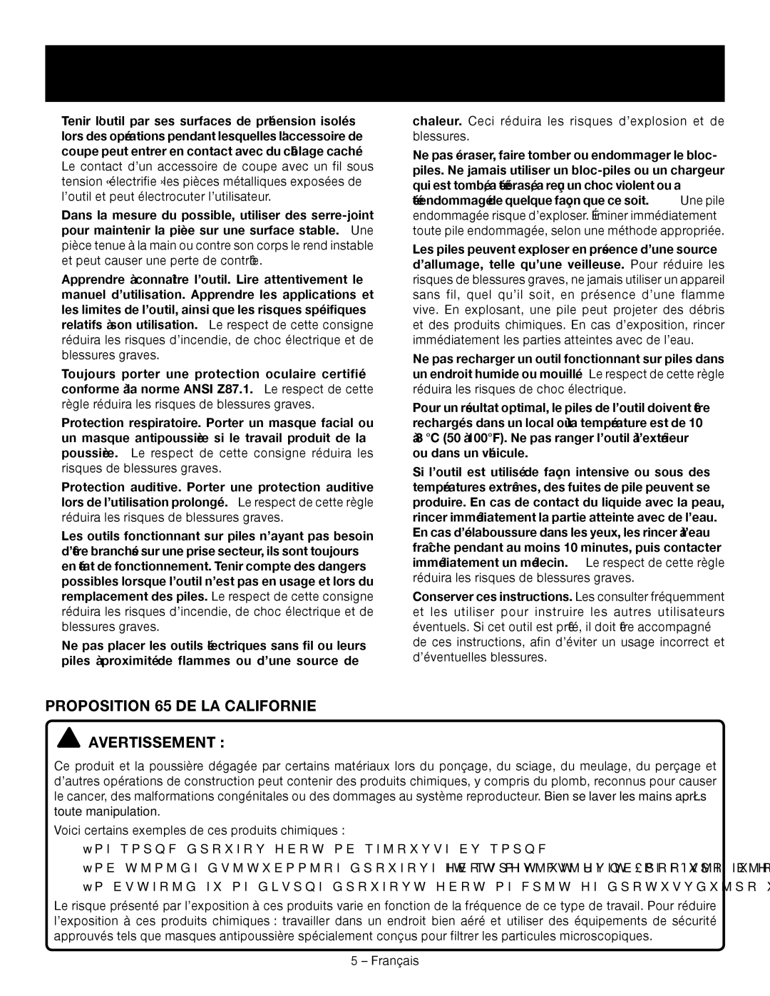 Ryobi P514 Avertissements DE Sécurité Relatifs Scie Alternativa, Proposition 65 DE LA Californie Avertissement 