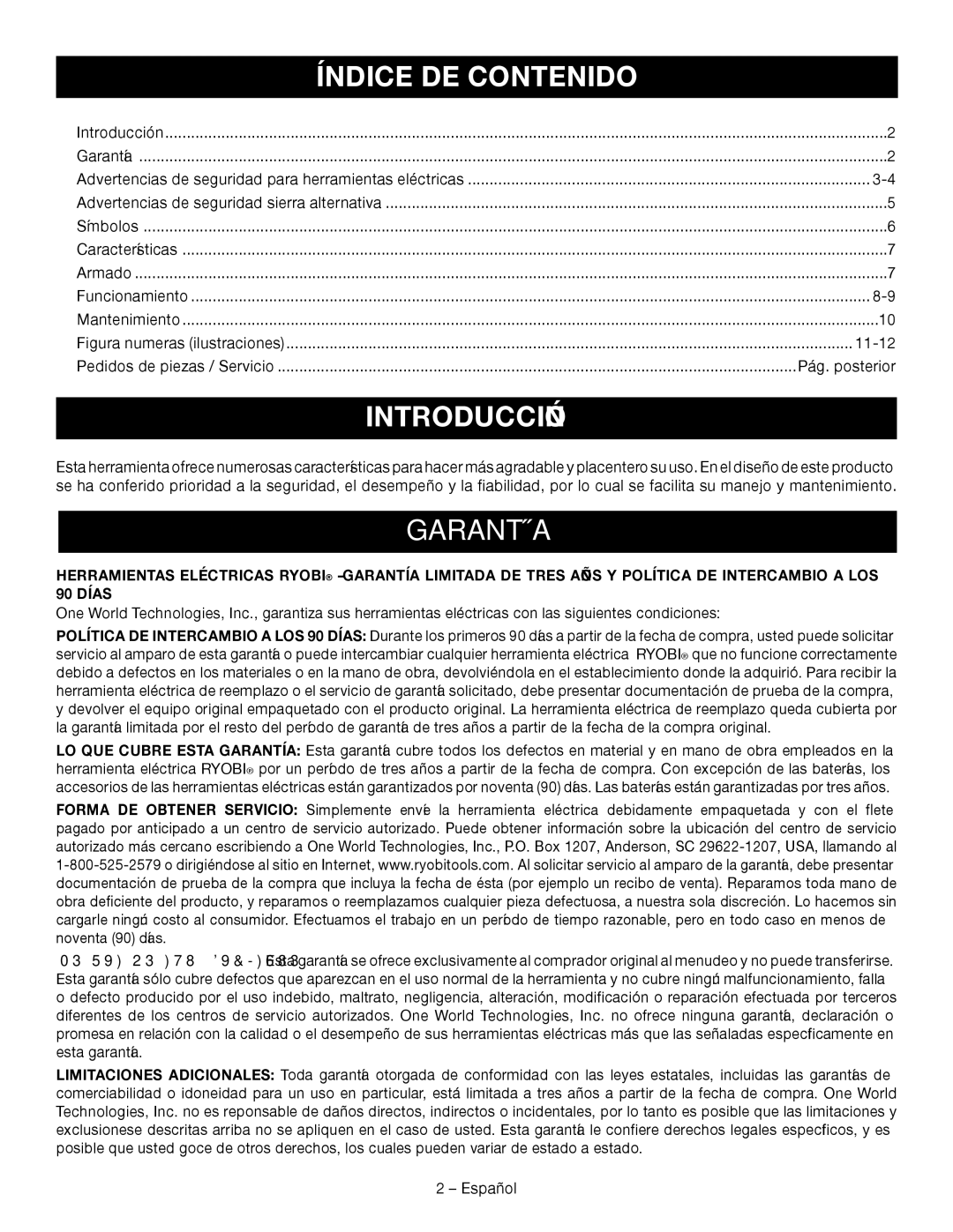 Ryobi P514 manuel dutilisation Índice DE Contenido, Introducción, Garantía 