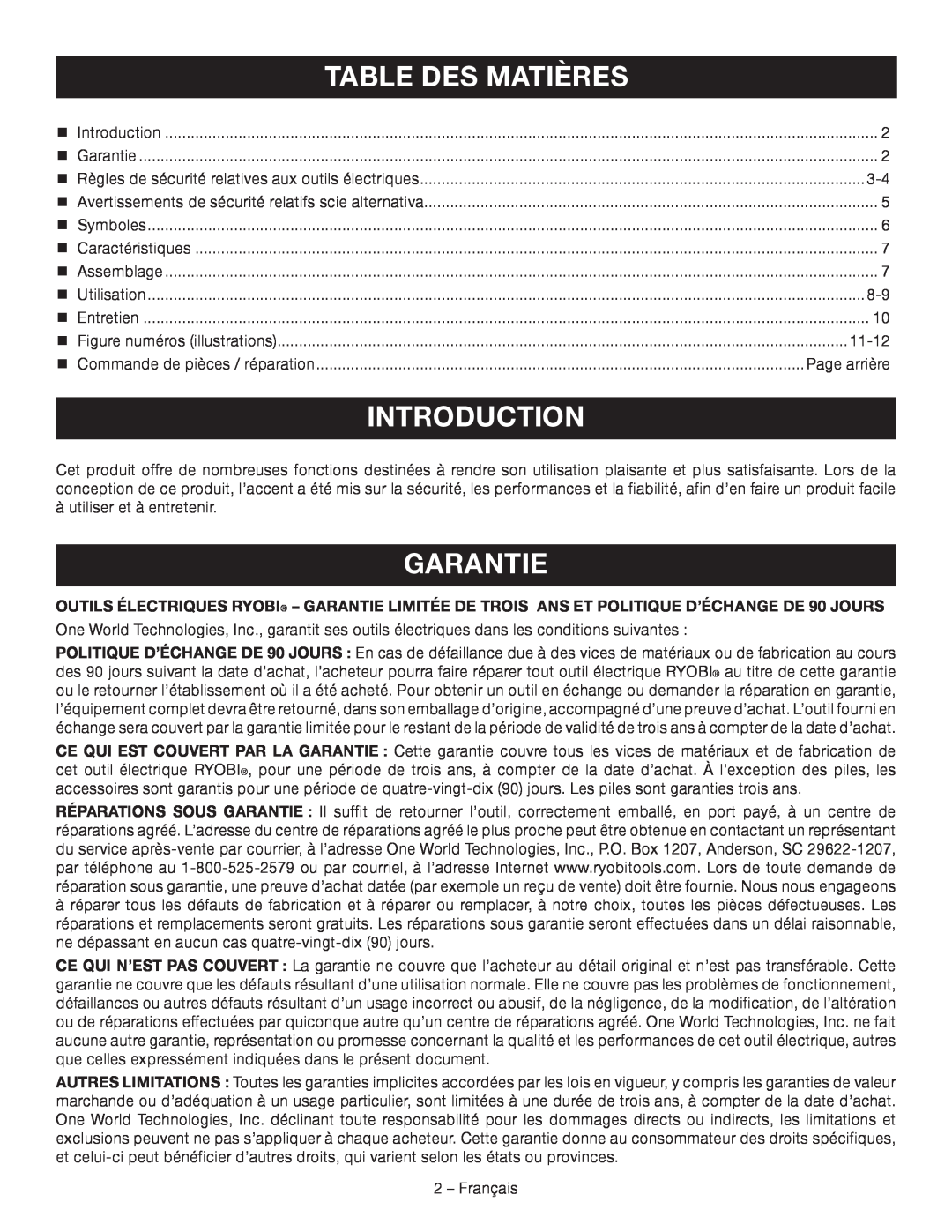 Ryobi P514 manuel dutilisation Table Des Matières, Garantie, Introduction 