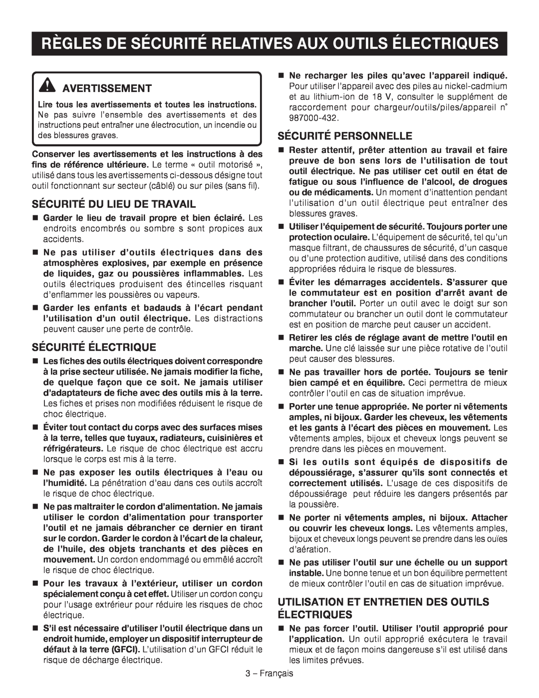 Ryobi P514 manuel dutilisation Avertissement, Sécurité Du Lieu De Travail, Sécurité Électrique, Sécurité Personnelle 