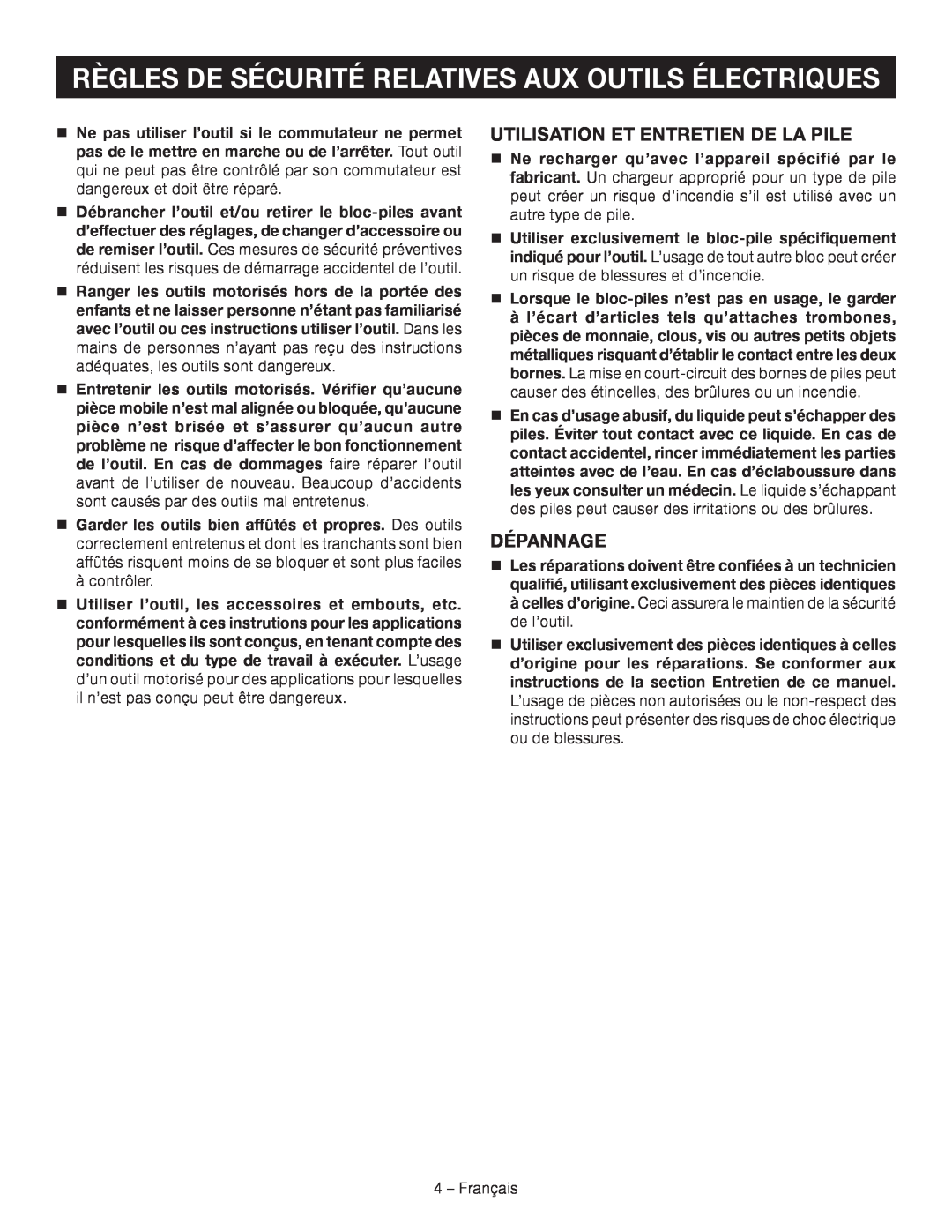 Ryobi P514 manuel dutilisation Utilisation Et Entretien De La Pile, Dépannage, 4 – Français 