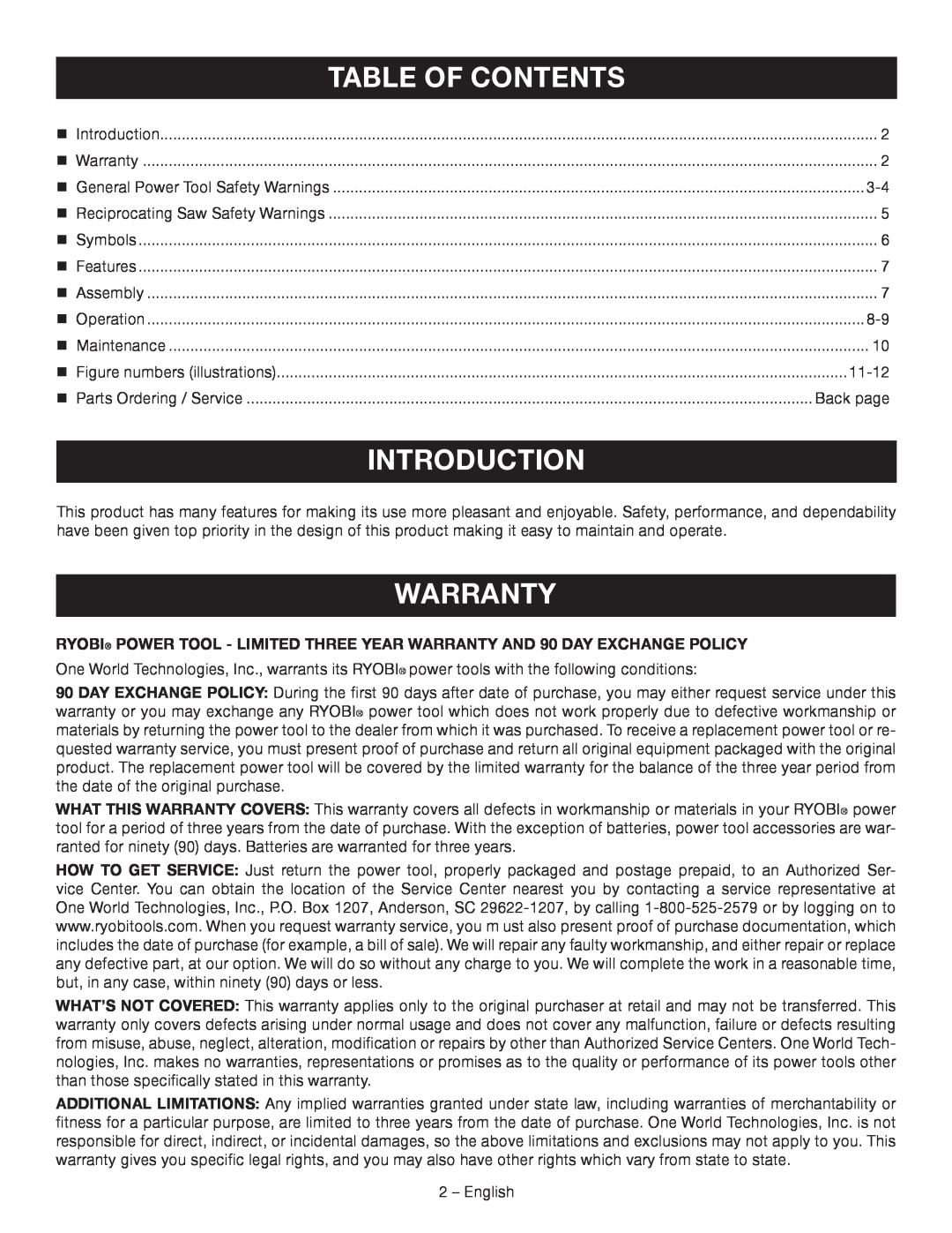 Ryobi P514 manuel dutilisation Table Of Contents, Introduction, Warranty 