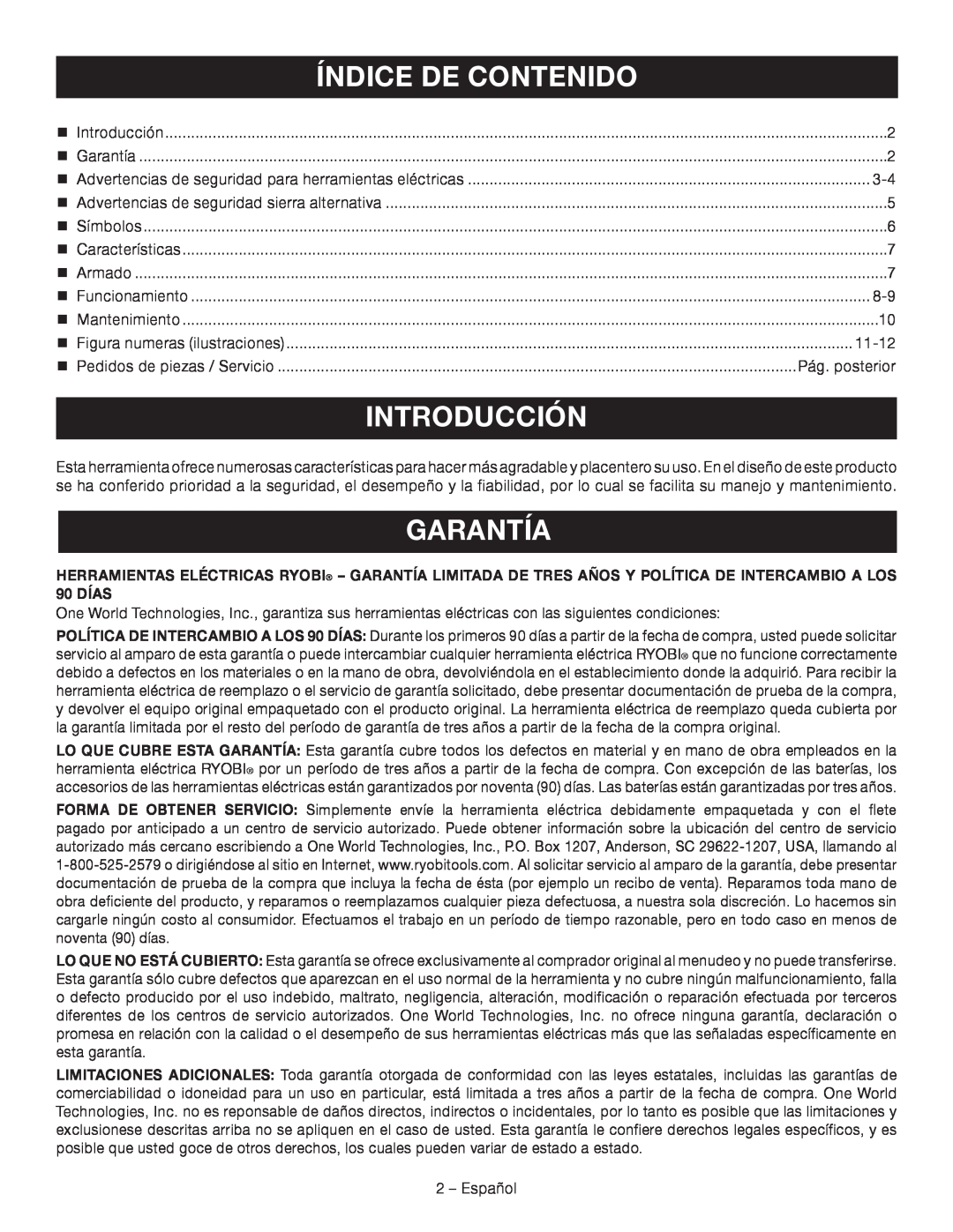 Ryobi P514 manuel dutilisation Índice De Contenido, Introducción, Garantía 