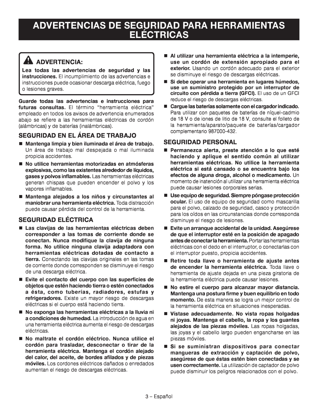 Ryobi P514 Advertencias De Seguridad Para Herramientas, Eléctricas, Seguridad En El Área De Trabajo, Seguridad Eléctrica 