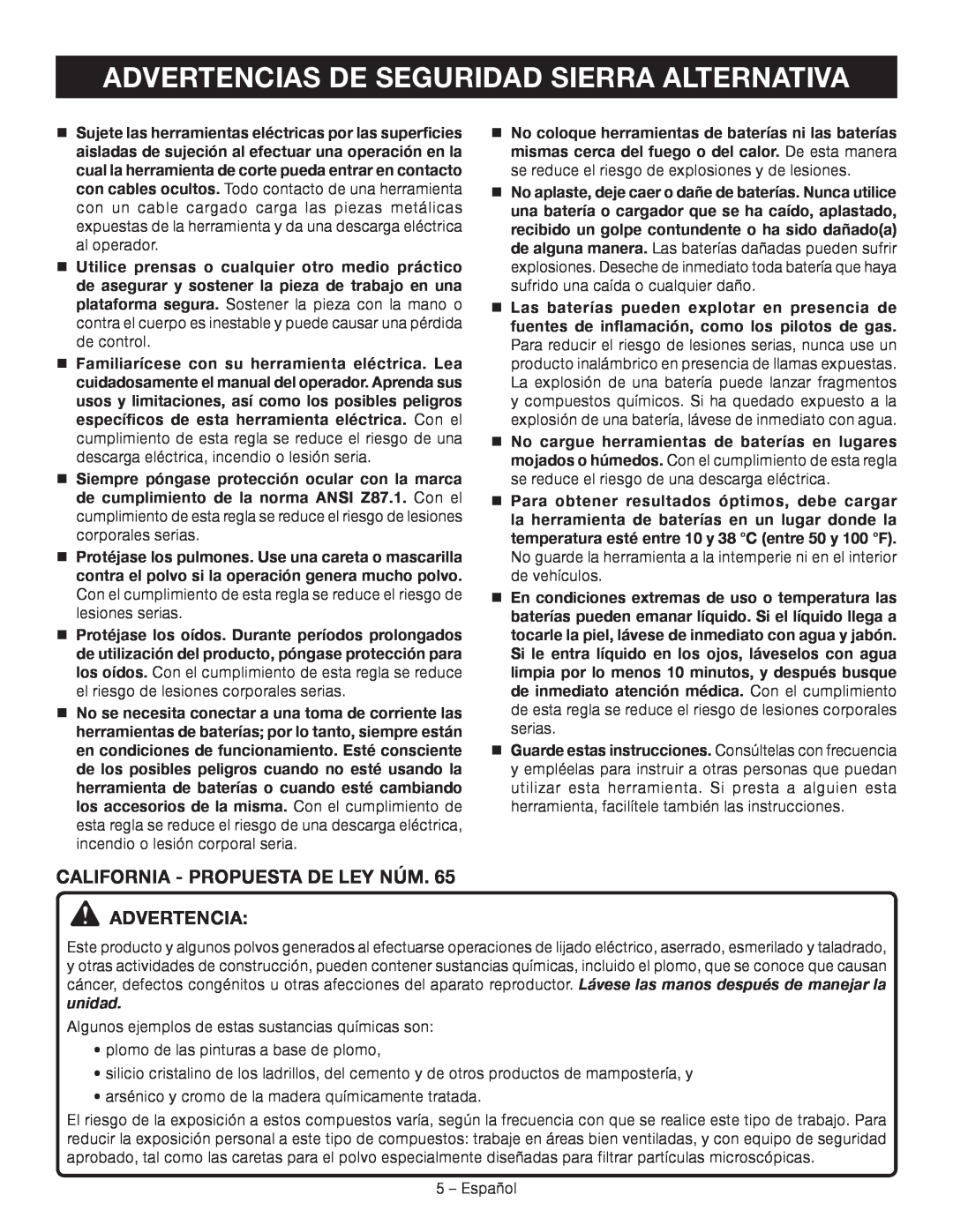 Ryobi P514 manuel dutilisation Advertencias De Seguridad Sierra Alternativa, California - Propuesta De Ley Núm. Advertencia 