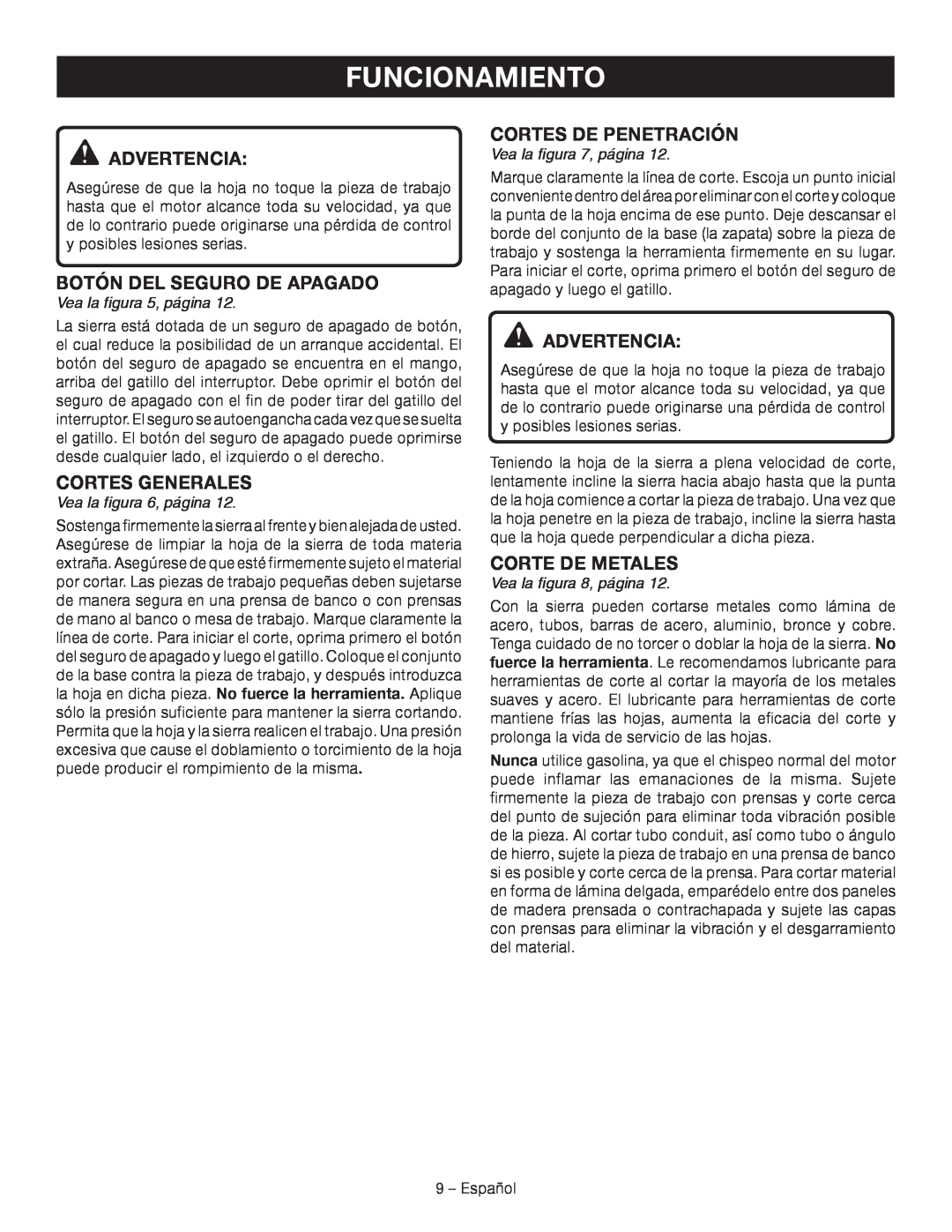 Ryobi P514 Cortes Generales, Cortes De Penetración, Corte De Metales, Funcionamiento, Advertencia, Vea la figura 5, página 