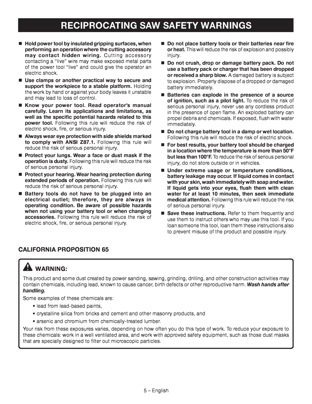 Ryobi P514 manuel dutilisation Reciprocating Saw Safety Warnings, California Proposition 