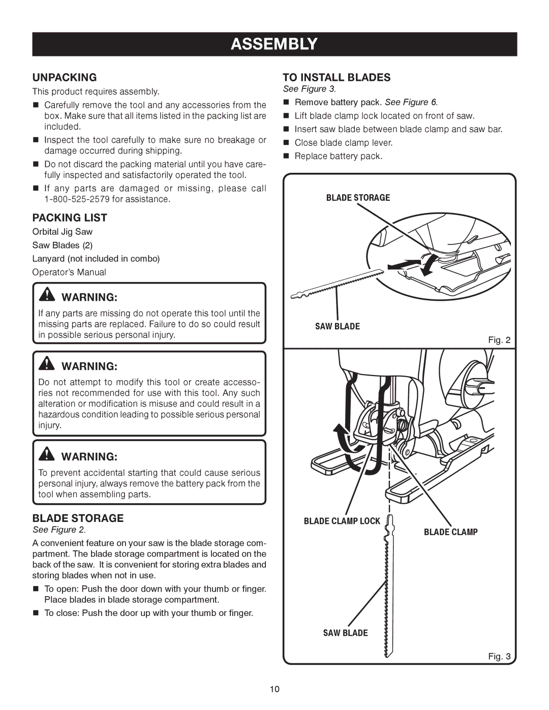 Ryobi p520 manual Assembly, Unpacking, Packing List, To Install Blades 