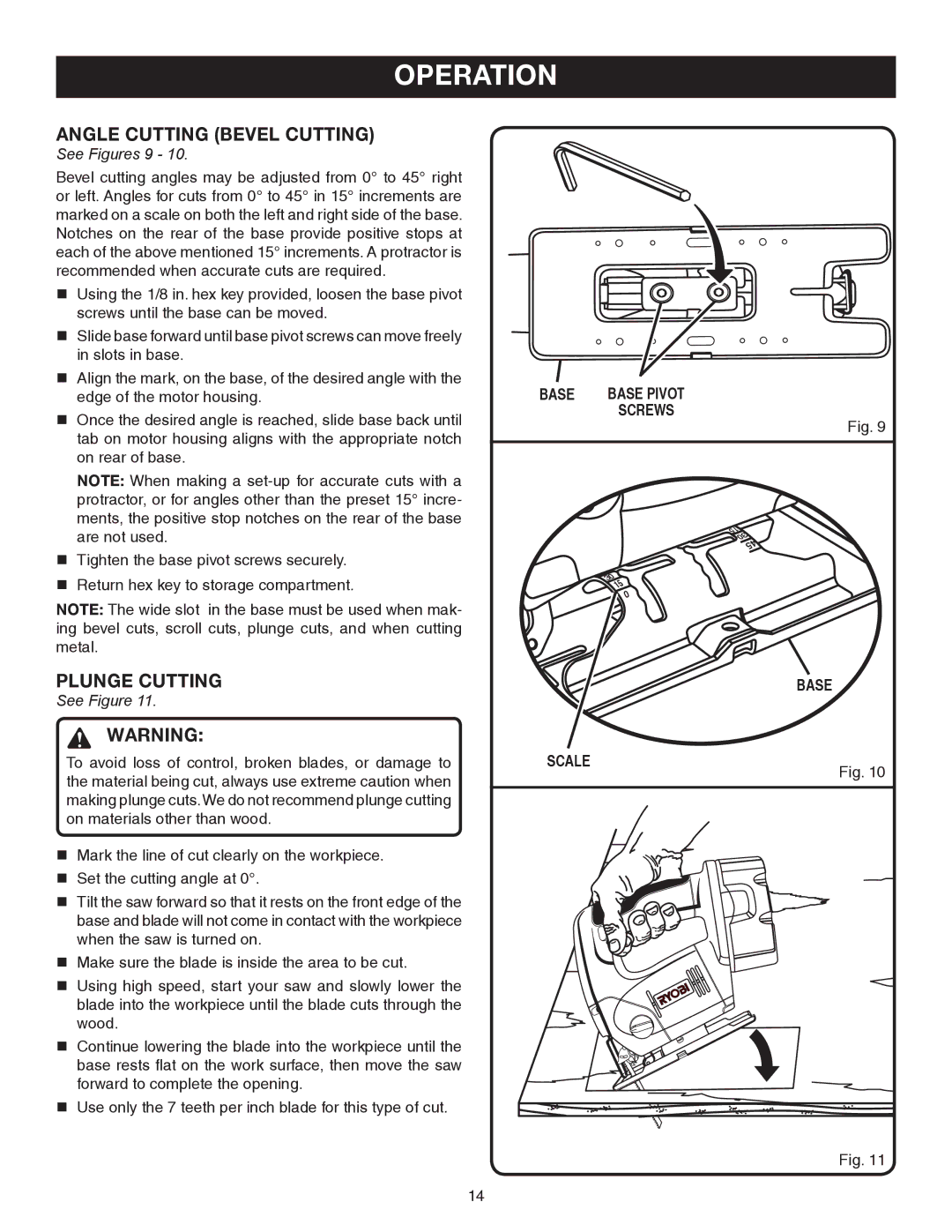 Ryobi p520 manual Angle Cutting Bevel Cutting, Plunge Cutting 