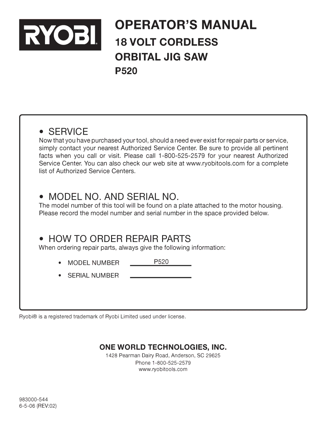 Ryobi p520 manual Service Model NO. and Serial no 