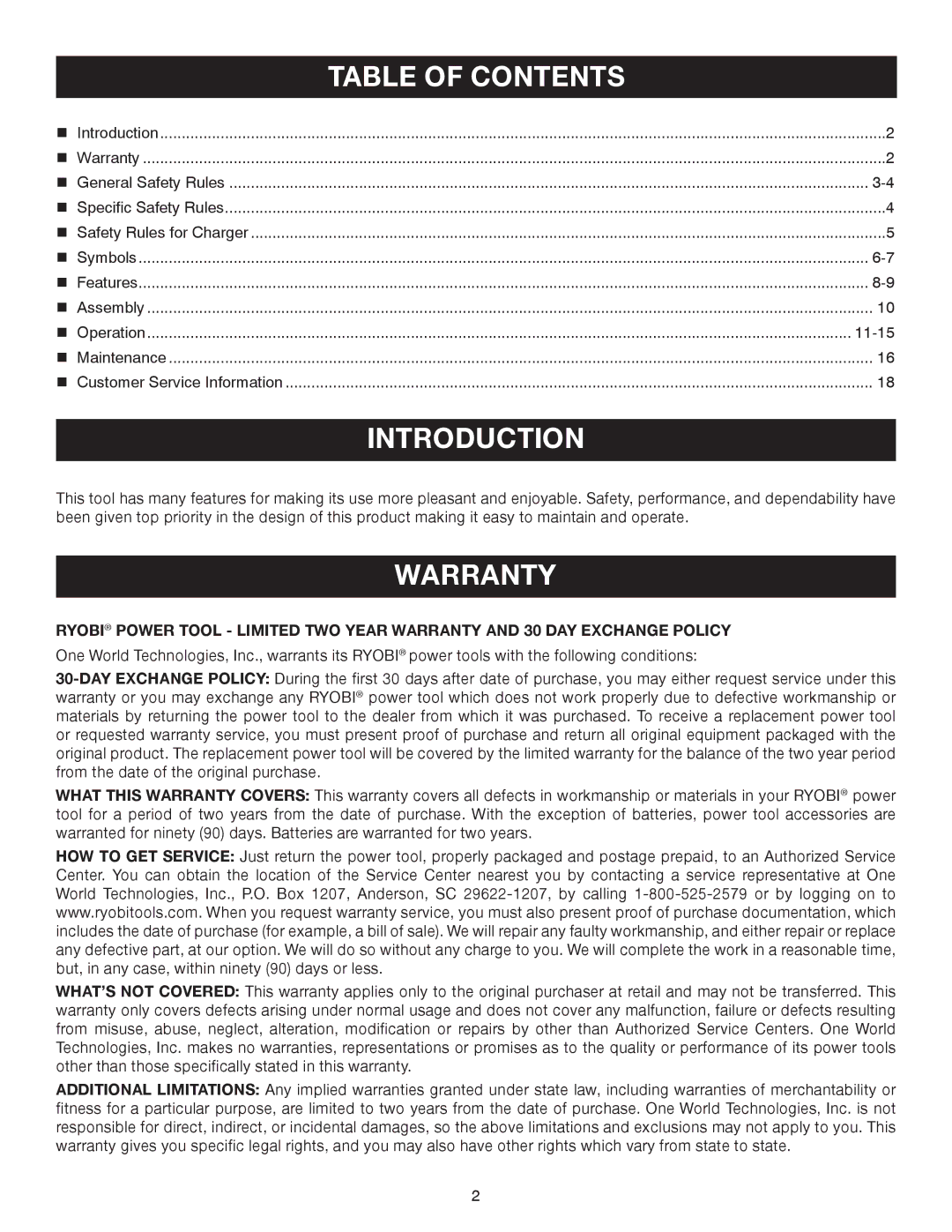 Ryobi p520 manual Introduction, Warranty 