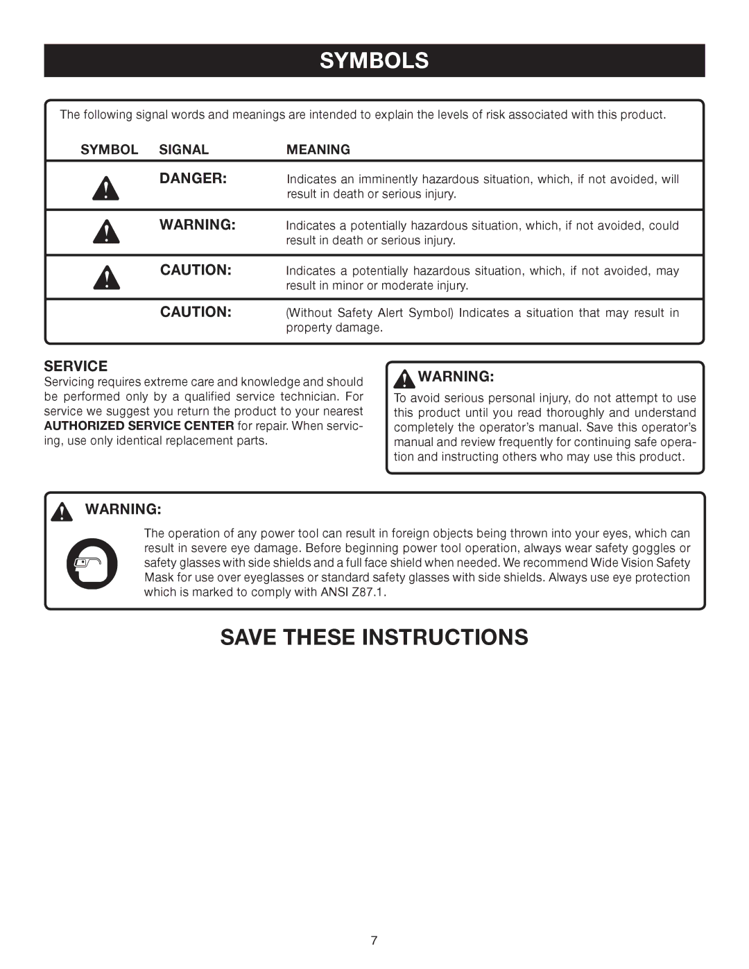 Ryobi p520 manual Symbol Signal Meaning 