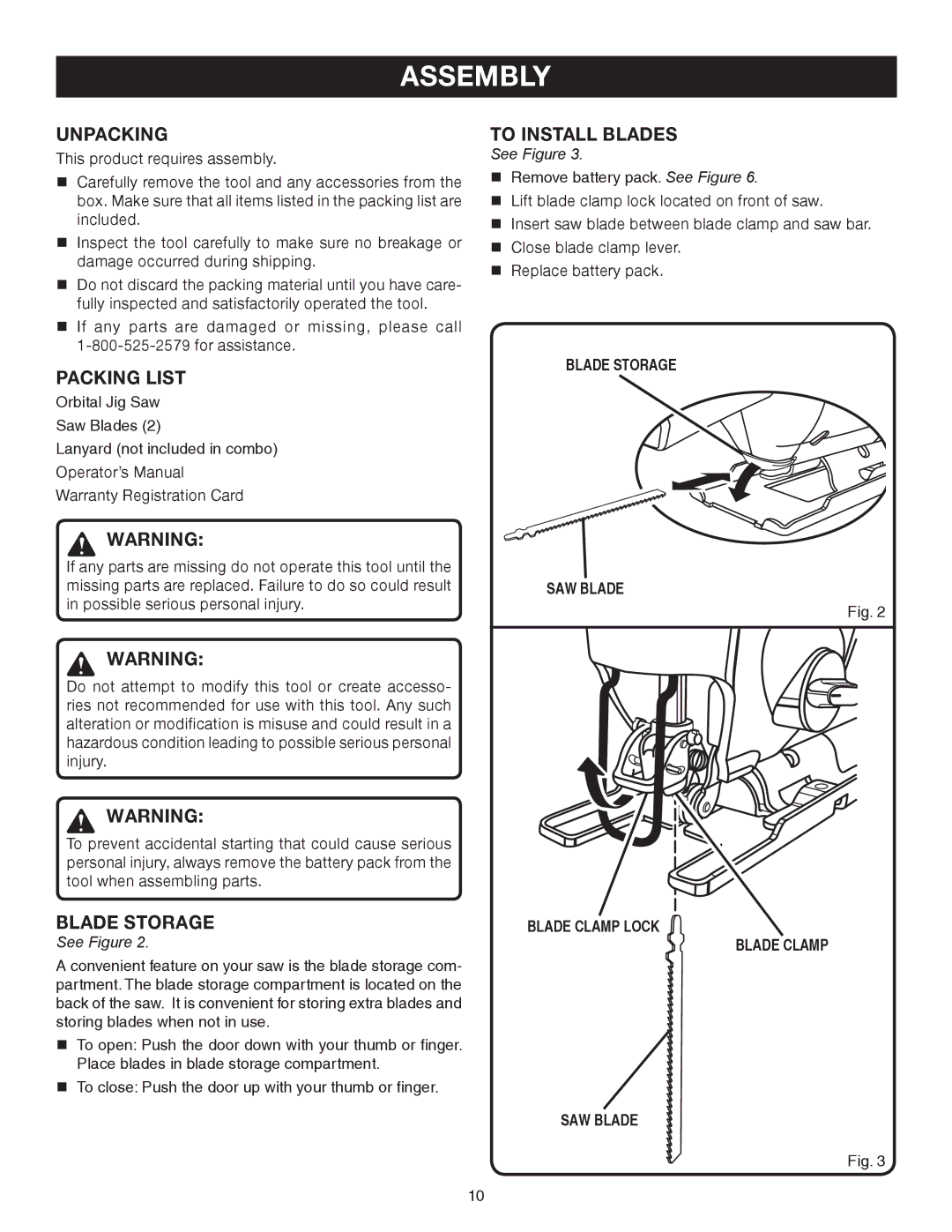 Ryobi p520 manual Assembly, Unpacking, Packing List, To Install Blades 