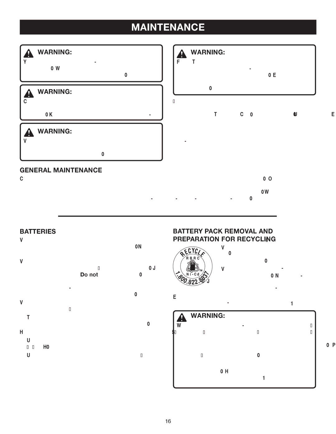 Ryobi p520 manual General Maintenance, Batteries, Battery Pack Removal Preparation for Recycling 