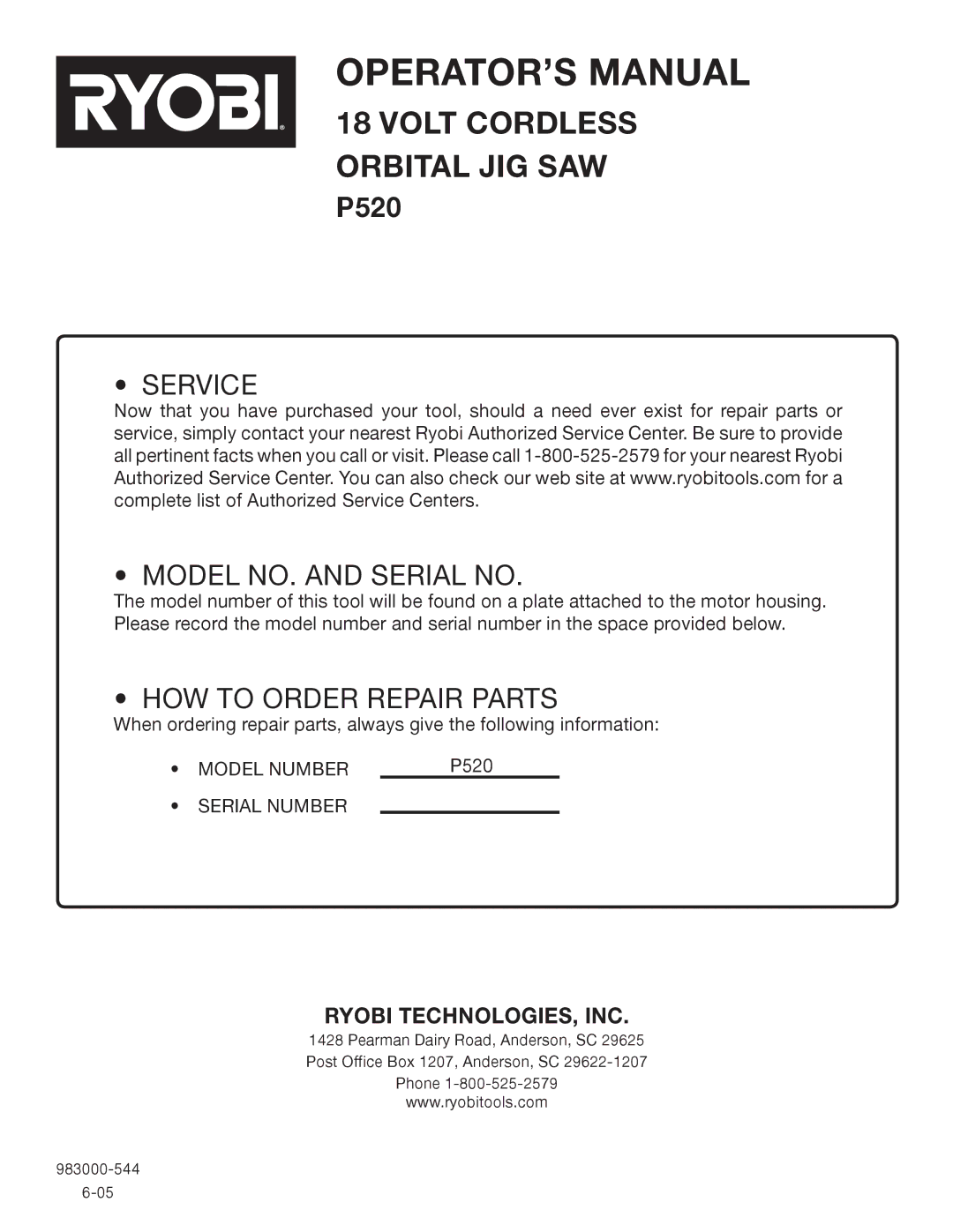 Ryobi p520 manual Service Model NO. and Serial no 