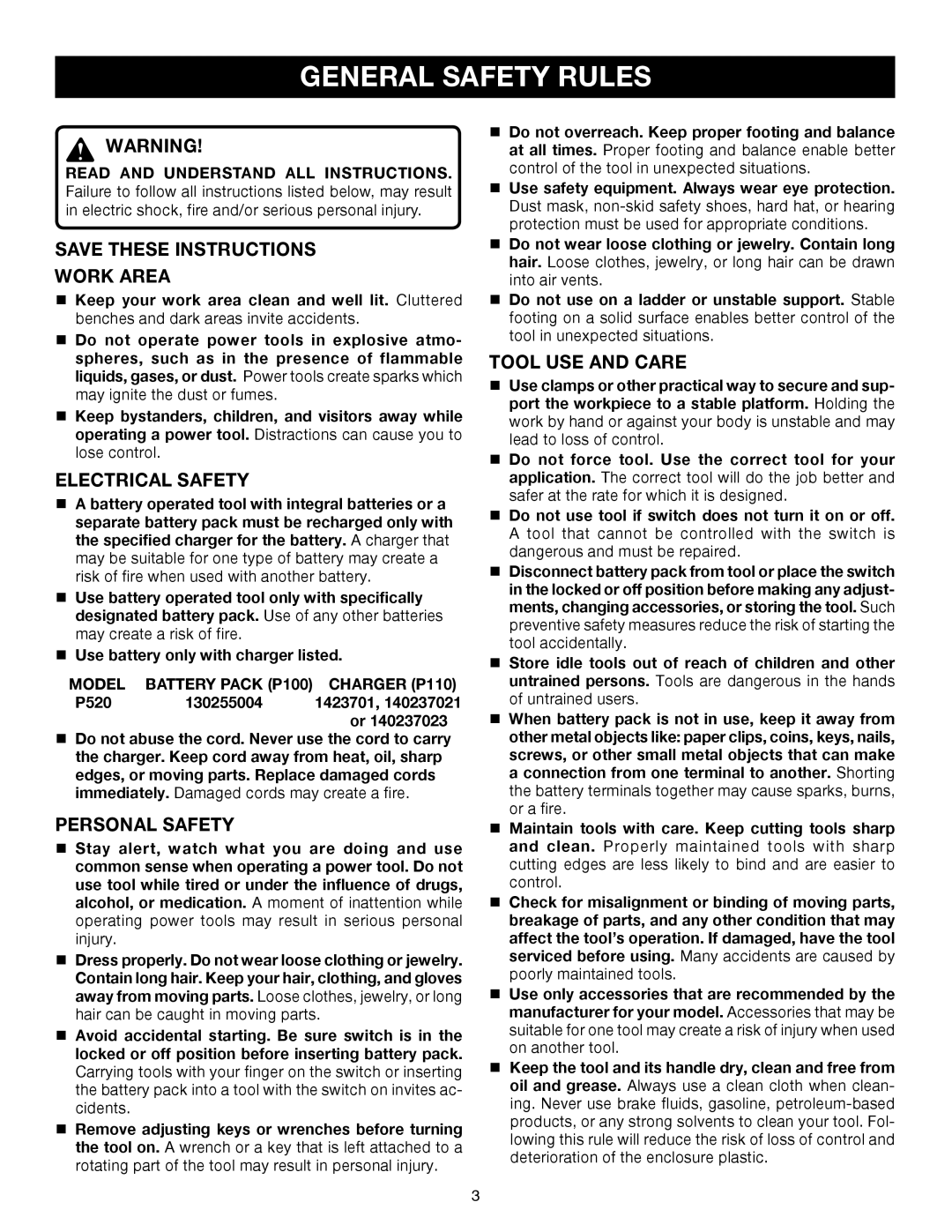 Ryobi p520 manual General Safety Rules, Work Area, Electrical Safety, Personal Safety, Tool USE and Care 