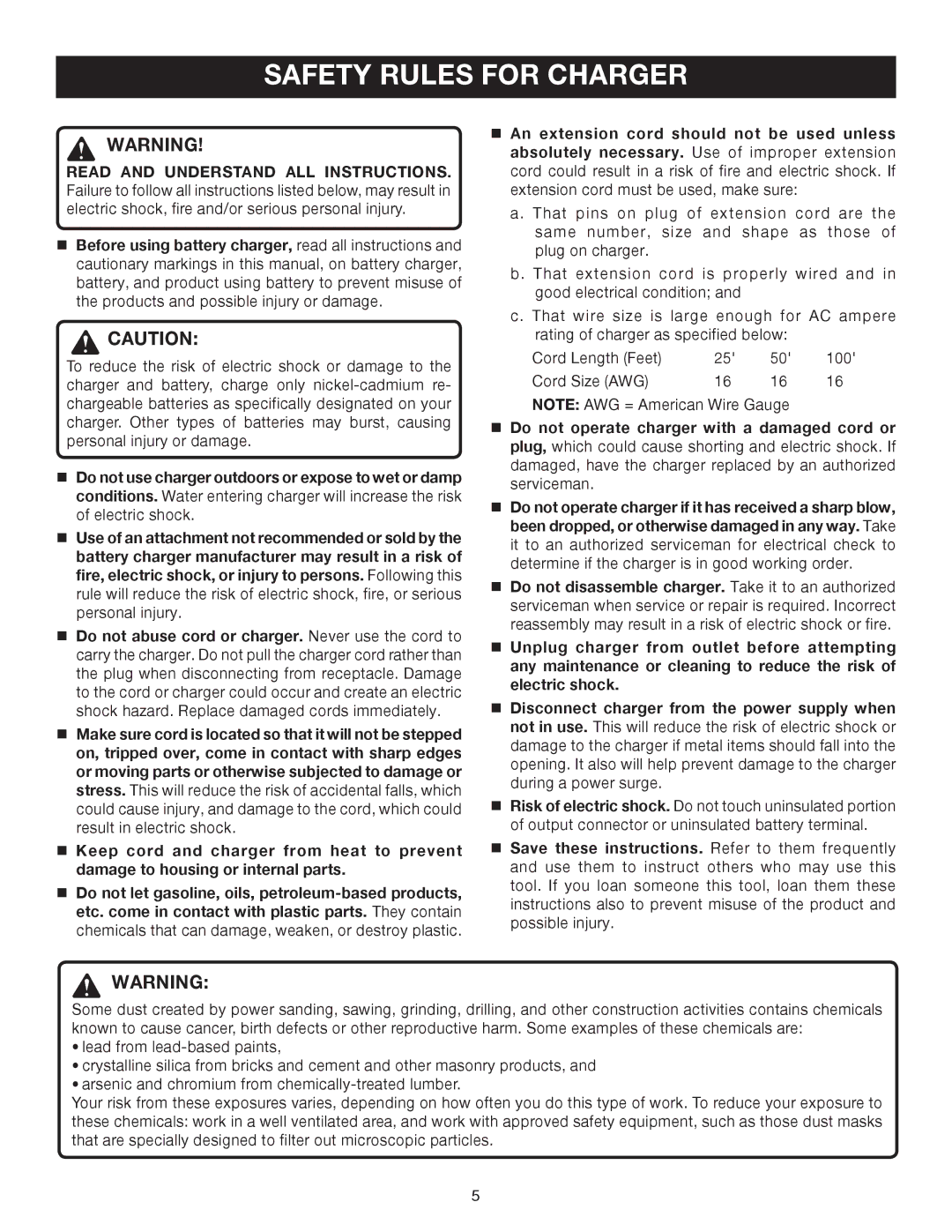 Ryobi p520 manual Safety Rules for Charger 