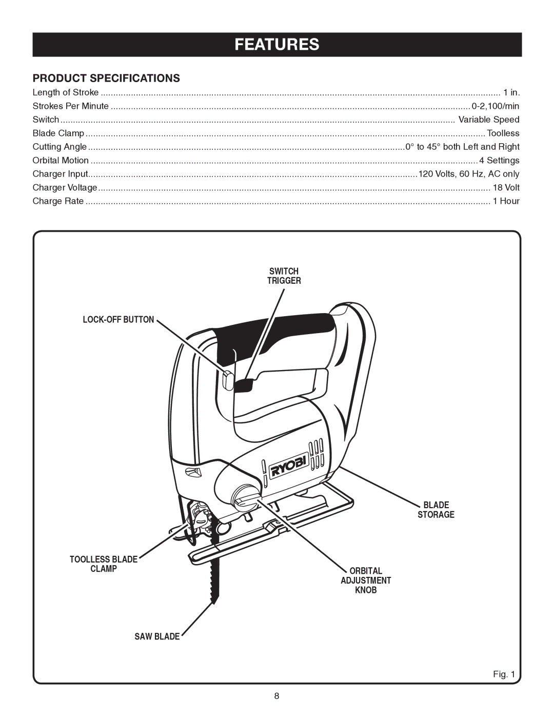 Ryobi p520 manual Features, Product Specifications 