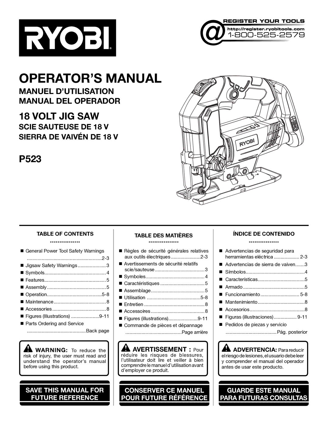 Ryobi P523 manuel dutilisation OPERATOR’S Manual, Avertissement Pour 