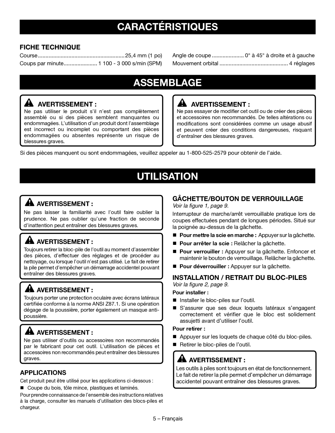 Ryobi P523 manuel dutilisation Caractéristiques, Assemblage, Utilisation 