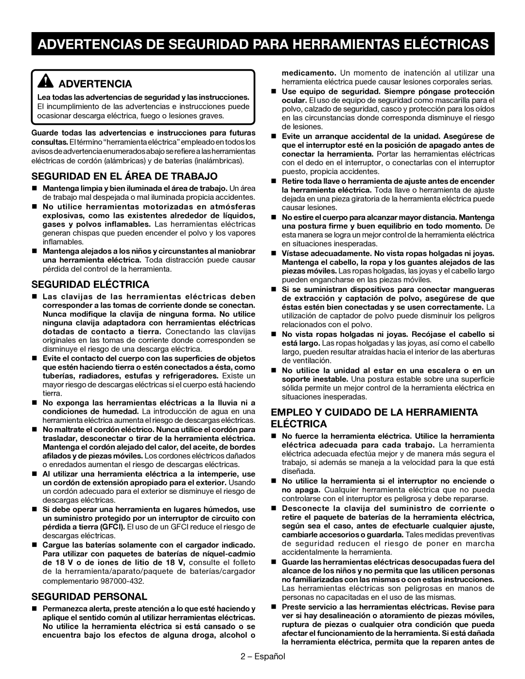 Ryobi P523 manuel dutilisation Advertencia, Seguridad en el área de trabajo, Seguridad Eléctrica, Seguridad Personal 