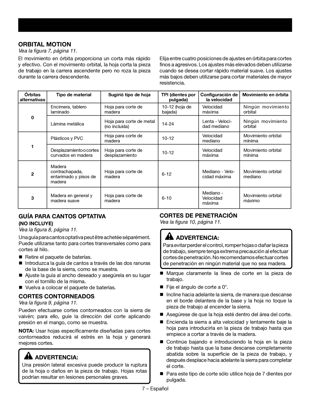 Ryobi P523 manuel dutilisation Guía Para Cantos Optativa, Cortes Contorneados, Cortes DE Penetración 