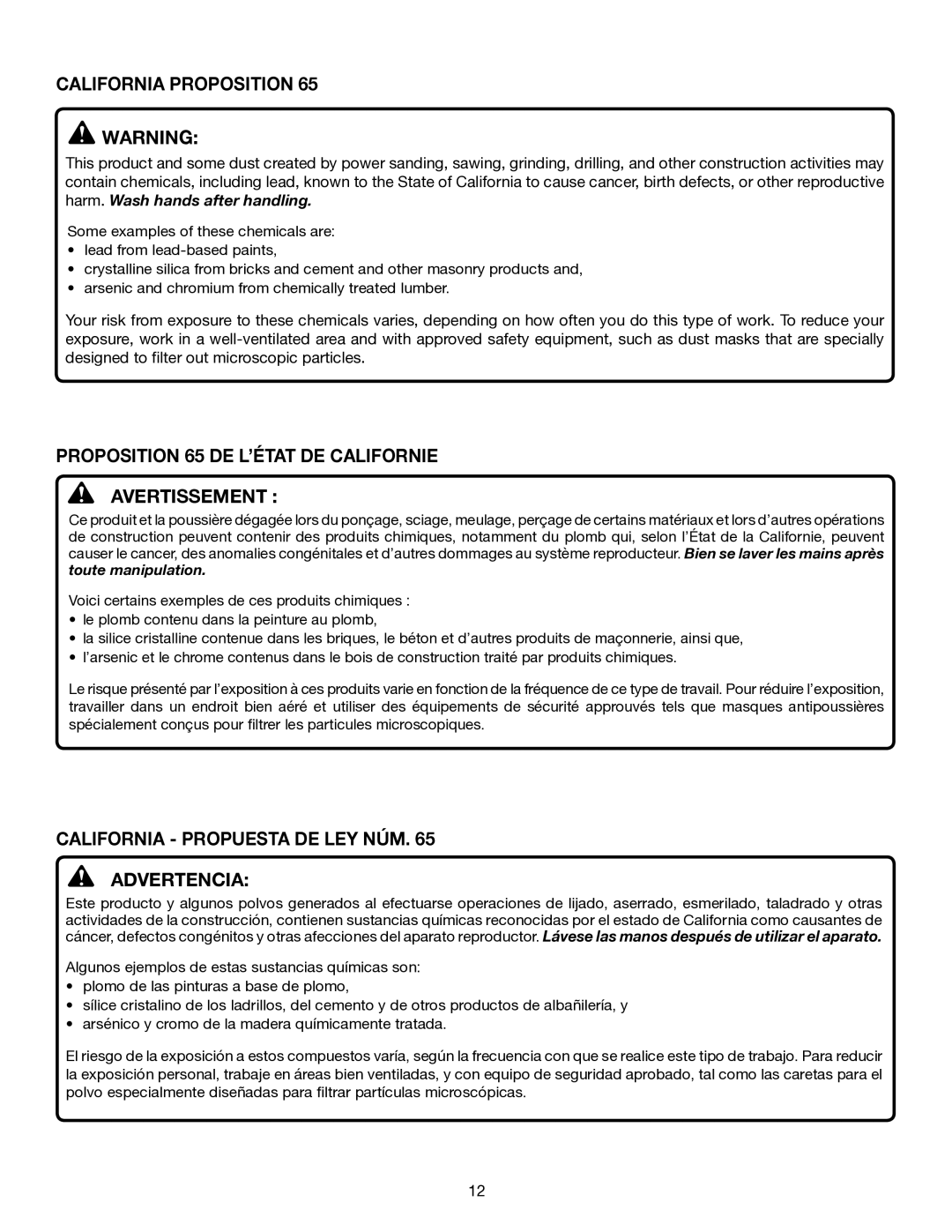 Ryobi P523 manuel dutilisation California Proposition, Proposition 65 DE L’ÉTAT DE Californie Avertissement 