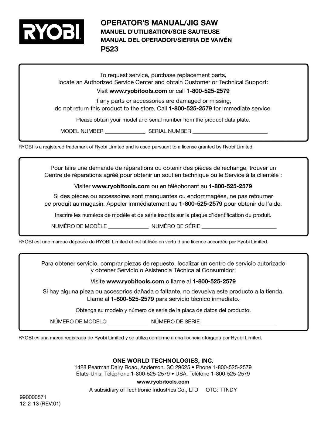 Ryobi P523 manuel dutilisation Operator’S Manual/Jig Saw, ONE World TECHNOLOGIES, INC 