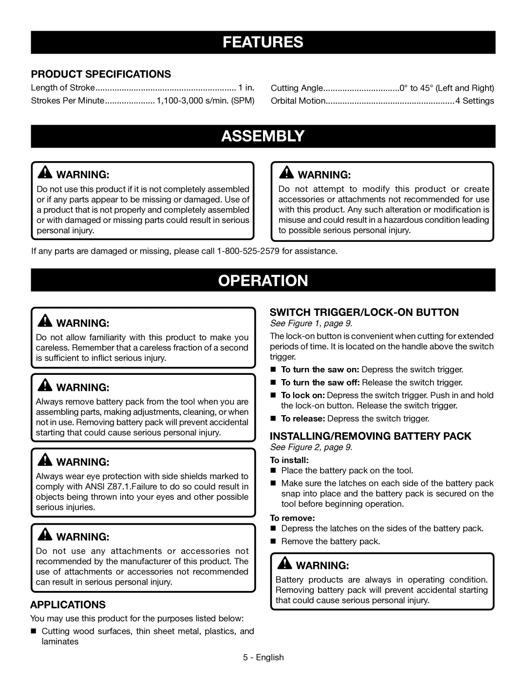 Ryobi P523 manuel dutilisation Features, Assembly, Operation 