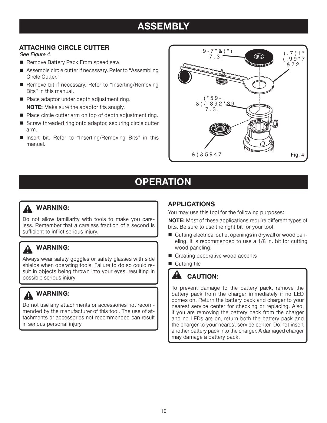 Ryobi P530 manual Operation, Attaching Circle Cutter, Applications 