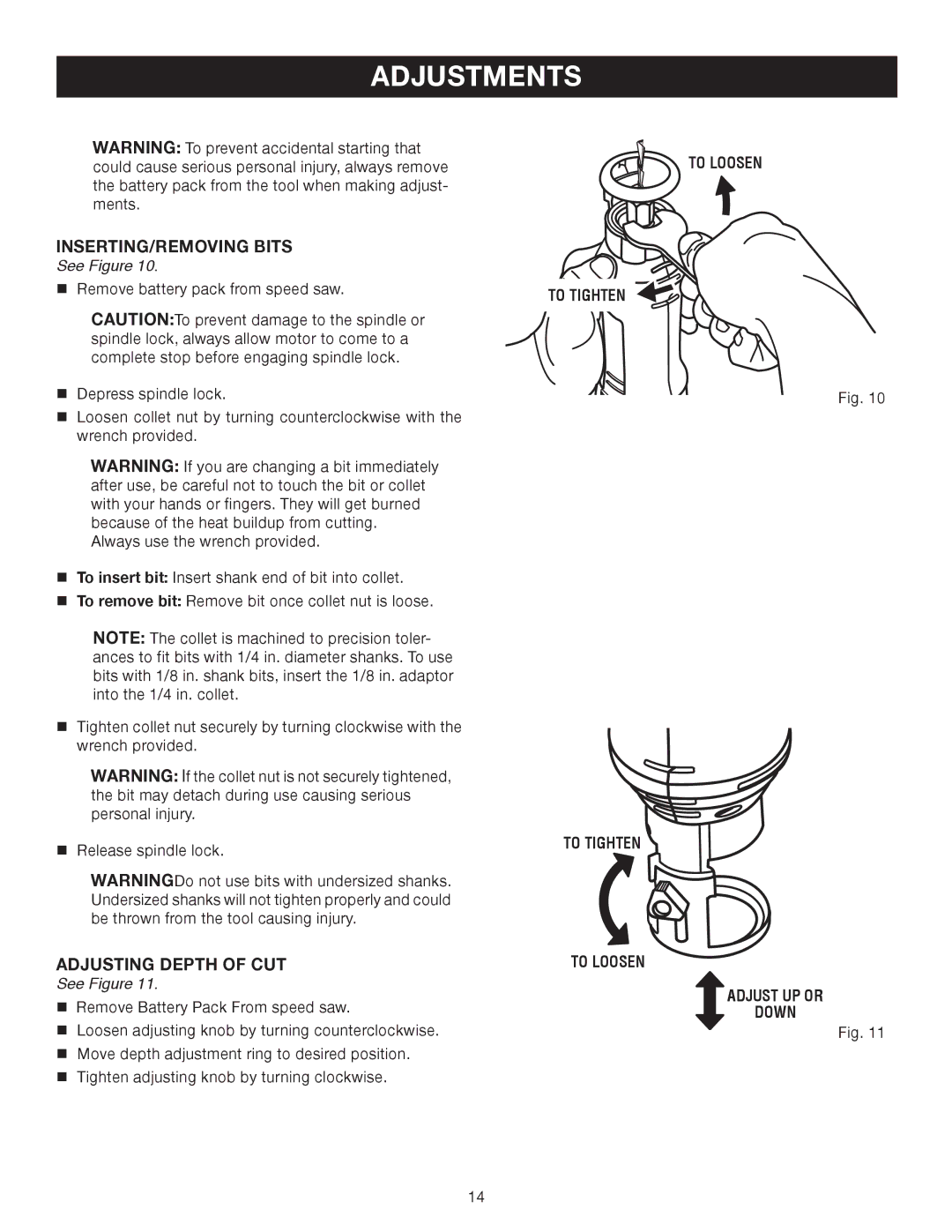 Ryobi P530 manual Adjustments, INSERTING/REMOVING Bits 