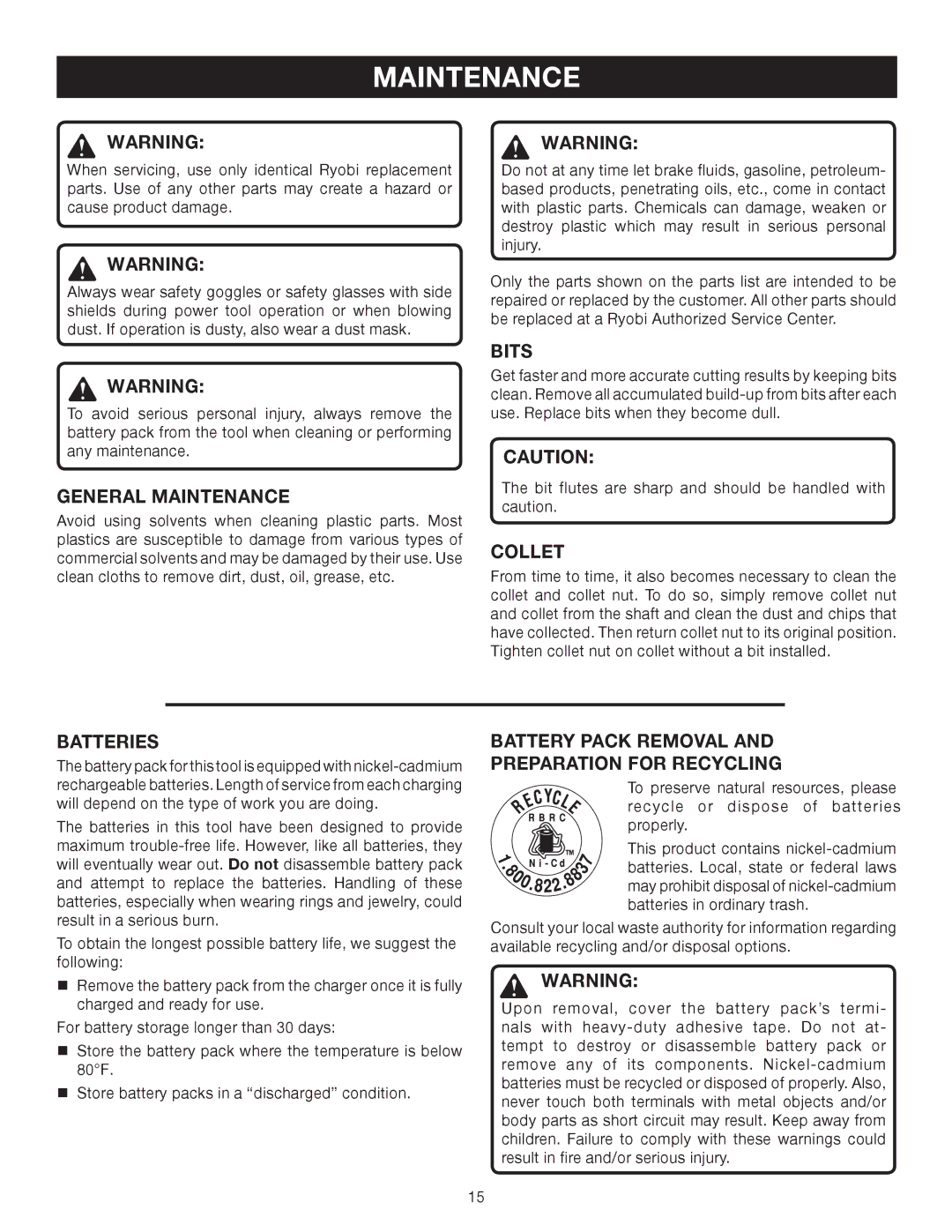 Ryobi P530 manual Maintenance 