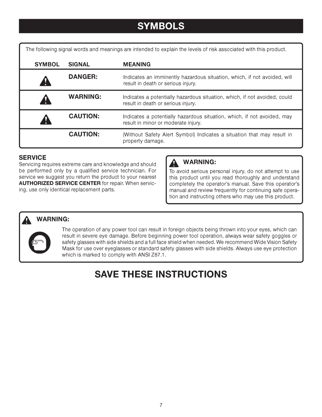 Ryobi P530 manual Symbol Signal Meaning 