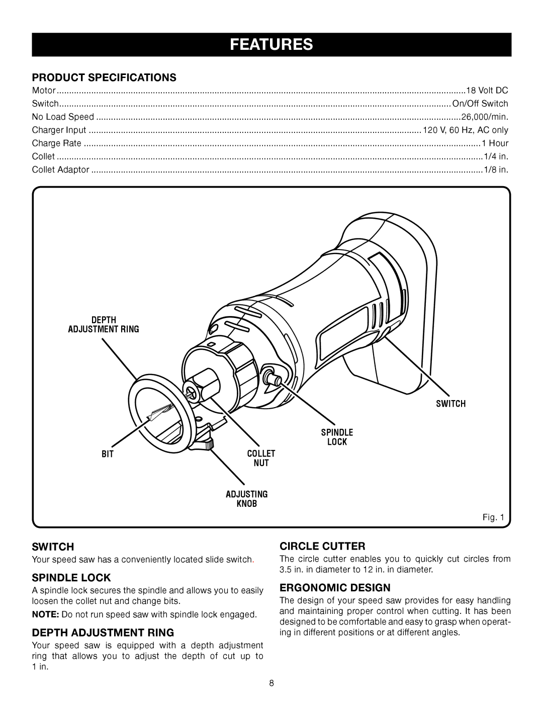 Ryobi P530 manual Product Specifications, Switch, Spindle Lock, Depth Adjustment Ring, Circle Cutter, Ergonomic Design 