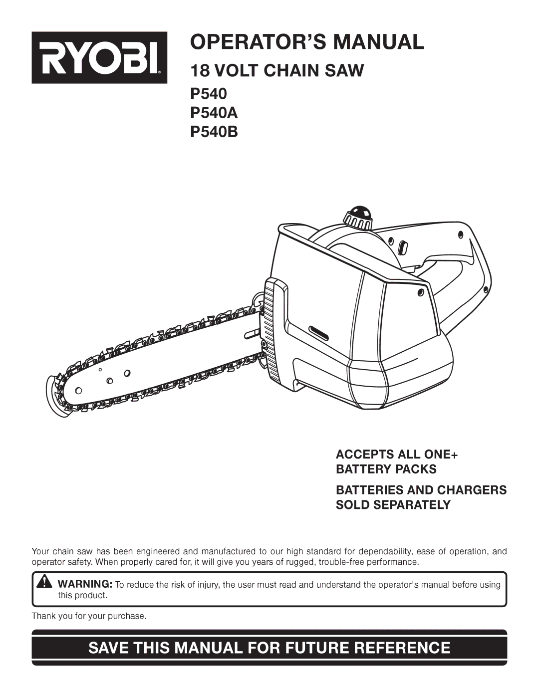 Ryobi P540B manual OPERATOR’S Manual, Save this Manual for Future Reference 