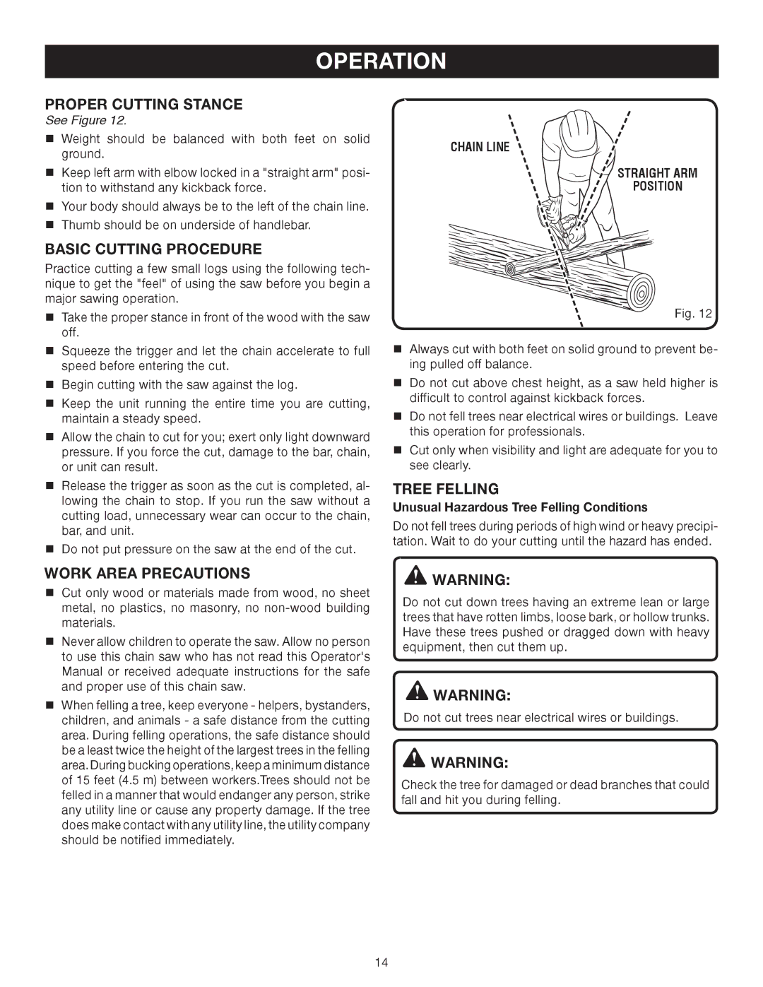 Ryobi P540B manual Proper Cutting Stance, Basic Cutting Procedure, Work Area Precautions, Tree Felling 