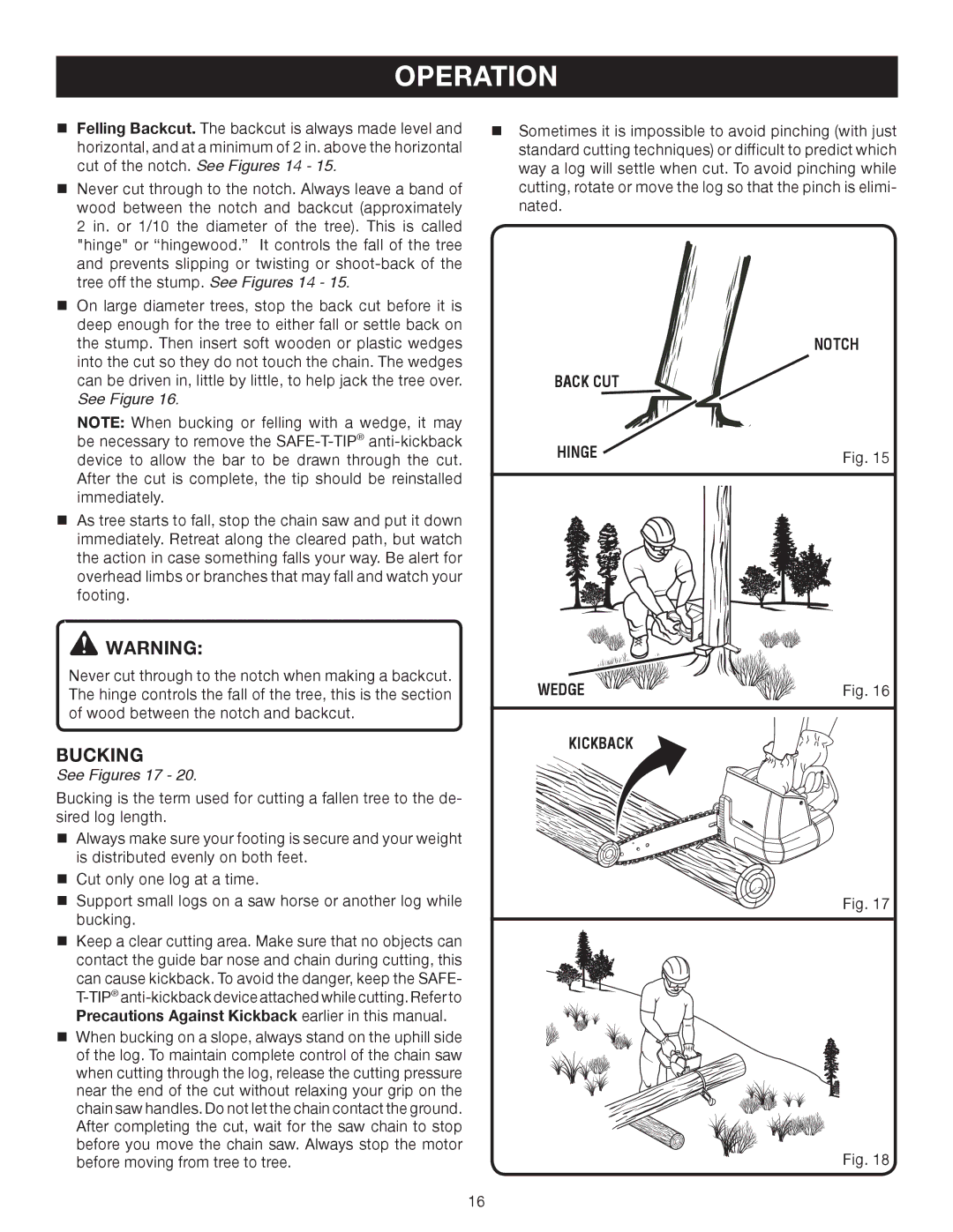 Ryobi P540B manual Bucking, See Figures 17, Wedge Kickback 