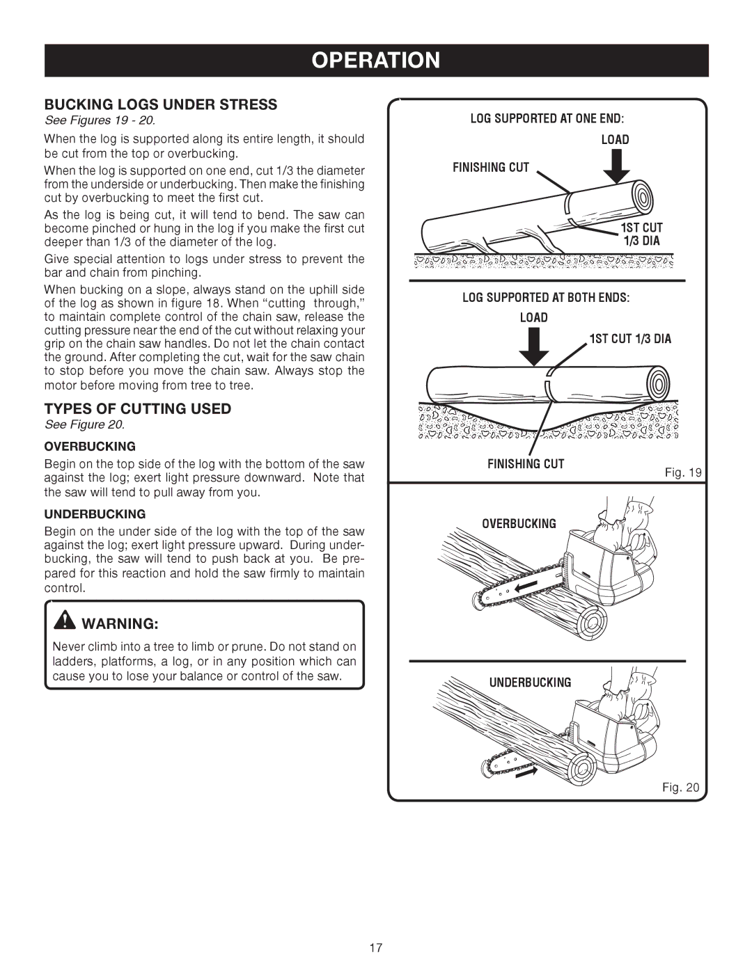 Ryobi P540B manual Bucking Logs Under Stress, Types of Cutting Used, See Figures 19 