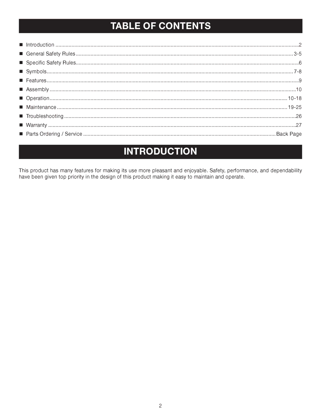 Ryobi P540B manual Introduction, Table of Contents 