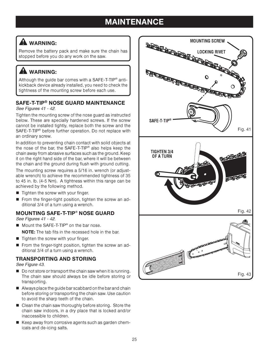 Ryobi P540 manual SAFE-T-TIPNose Guard Maintenance, Mounting SAFE-T-TIPNose Guard, Transporting and Storing, See Figures 41 